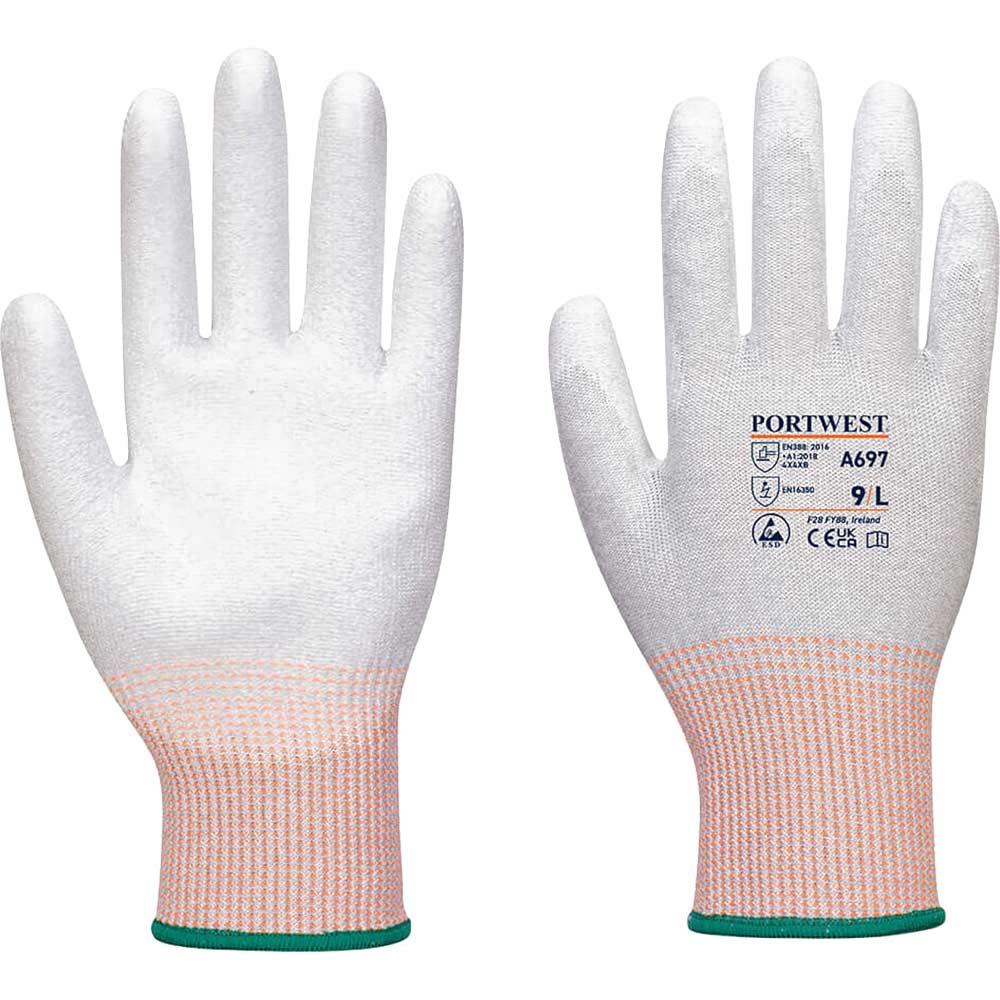 Portwest LR13PU Palm Dipped ESD Gloves Grey / White XS Pack of 12