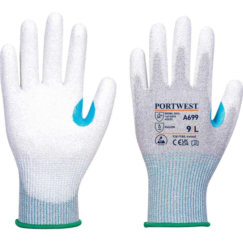 Portwest MR13 PU Palm Cut Resistant ESD Gloves Grey / White XL Pack of 12