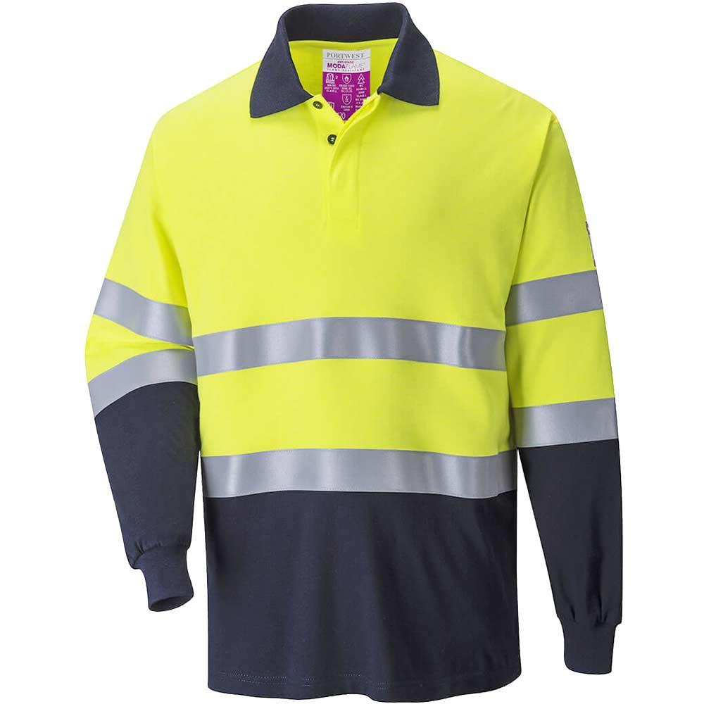 Modaflame Mens Flame Resistant Hi Vis 2-Tone Polo Shirt Yellow / Navy 2XL
