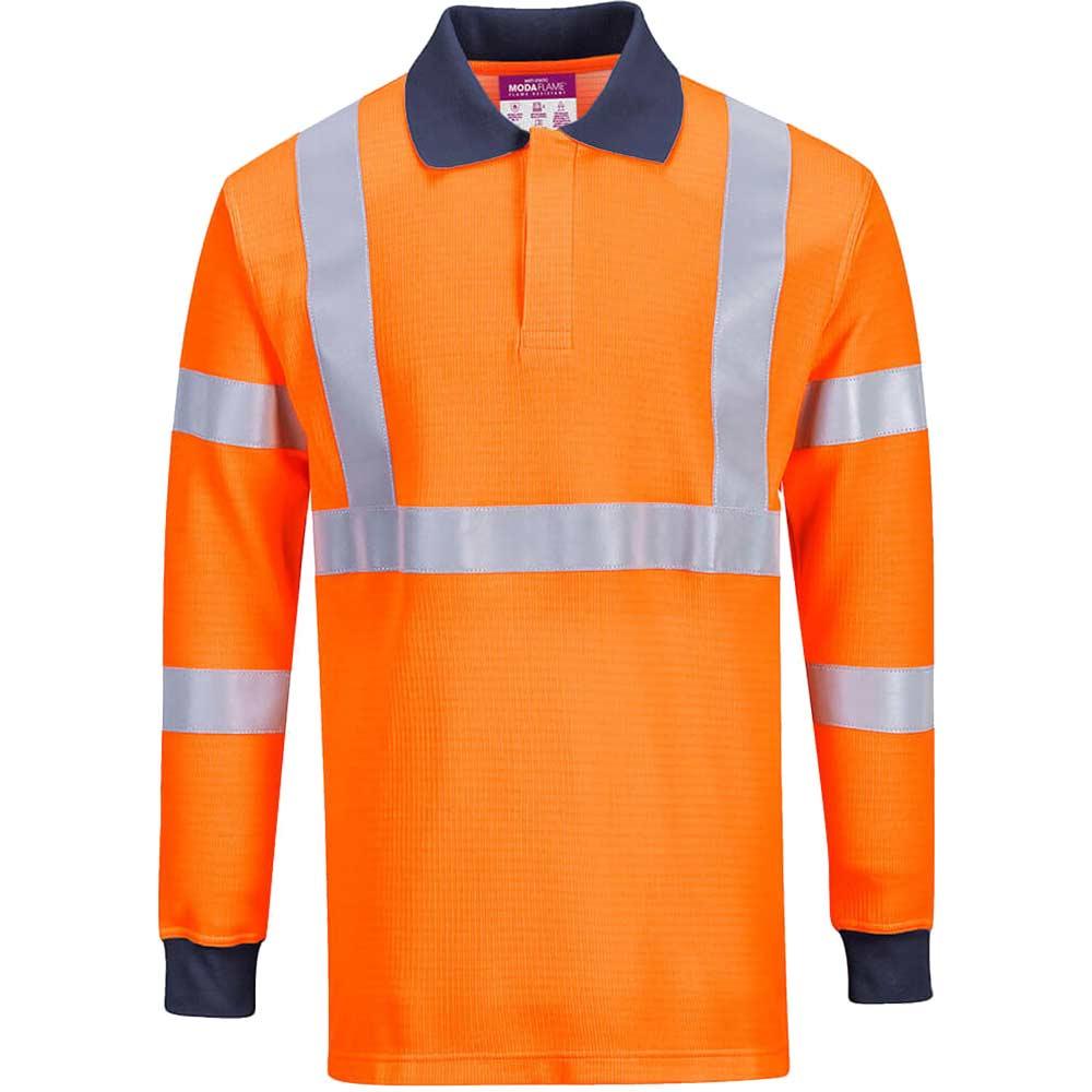 Modaflame Mens RIS Anti Static Flame Resistant Long Sleeve Polo Shirt Orange XL