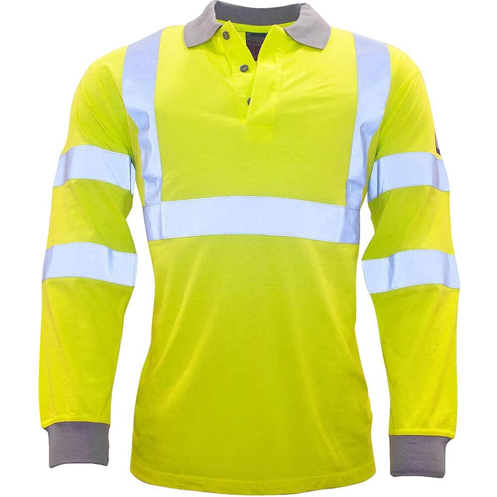 Modaflame Mens Flame Resistant Hi Vis Polo Shirt Long Sleeve Yellow 2XL