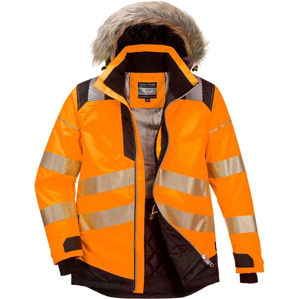 Oxford Weave 300D Class 3 PW3 Hi Vis Winter Parka Jacket Orange / Black 4XL