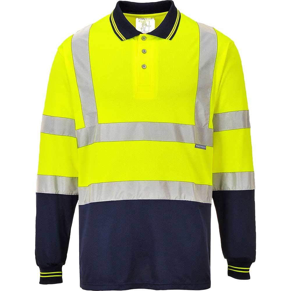 Portwest Mens Hi Vis Contrast Polo Long Sleeve Shirt Yellow / Navy M
