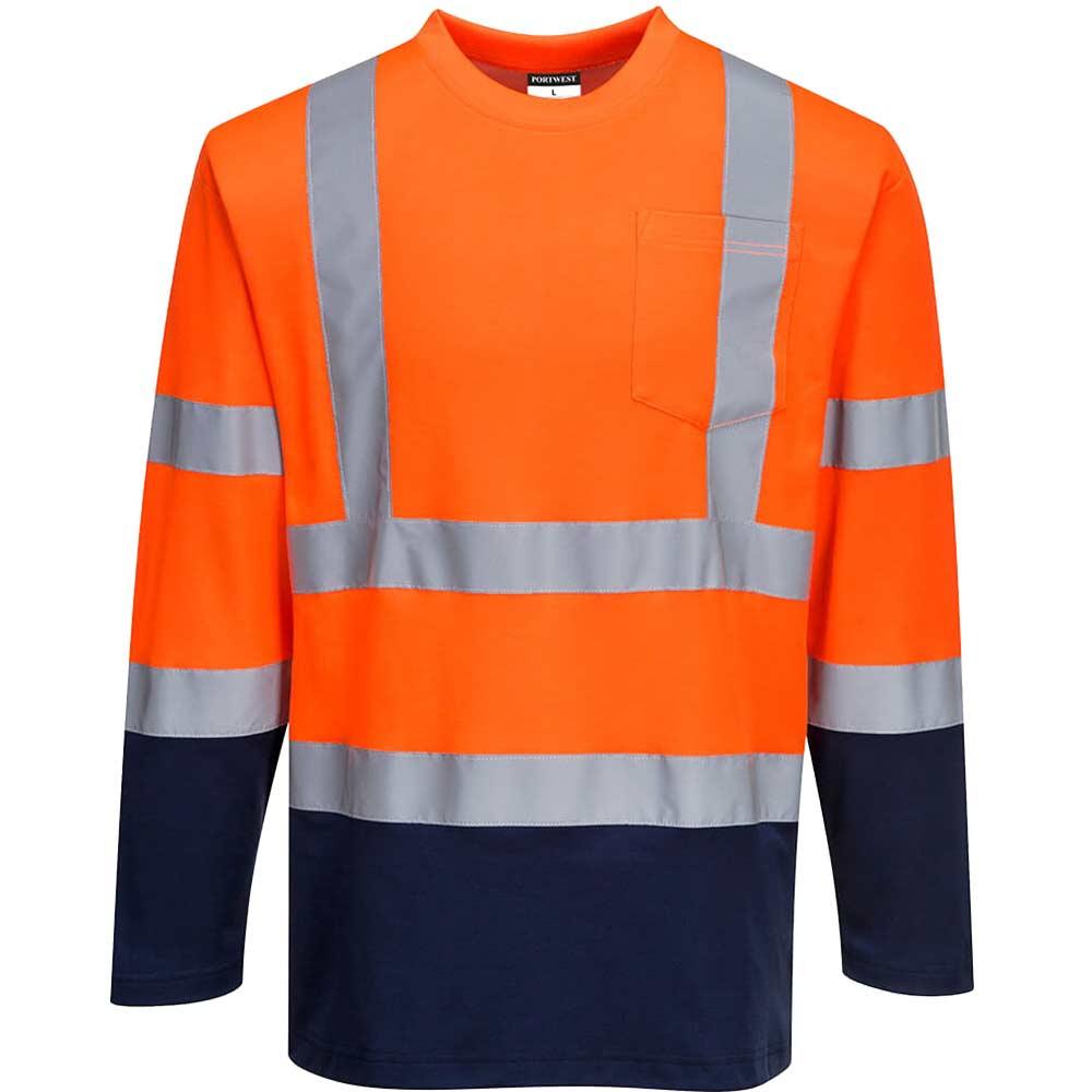 Portwest Hi Vis Cotton Comfort Contrast Long Sleeve T Shirt Orange / Navy 3XL