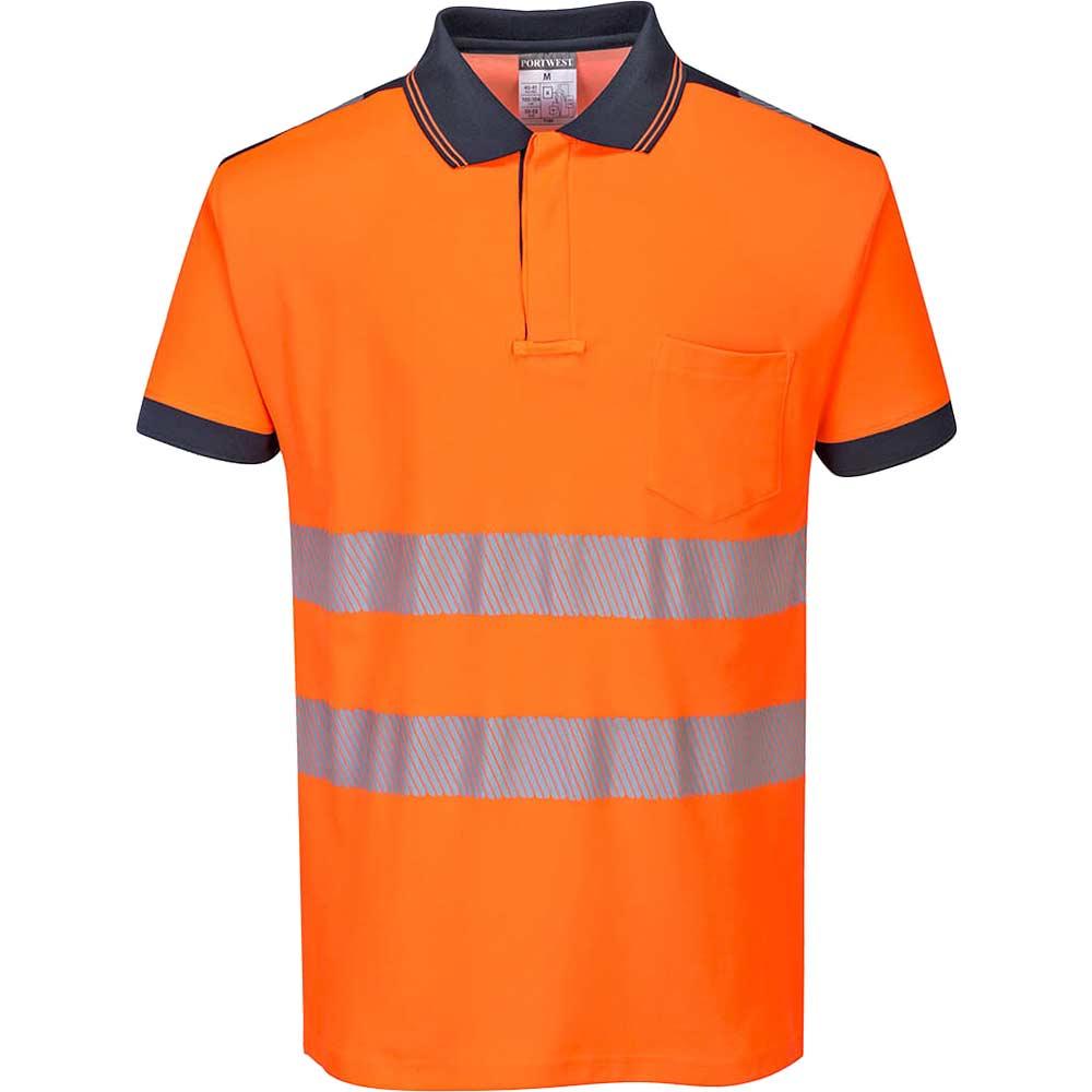Portwest PW3 Hi Vis Cotton Comfort Polo Short Sleeve Shirt Orange / Navy M