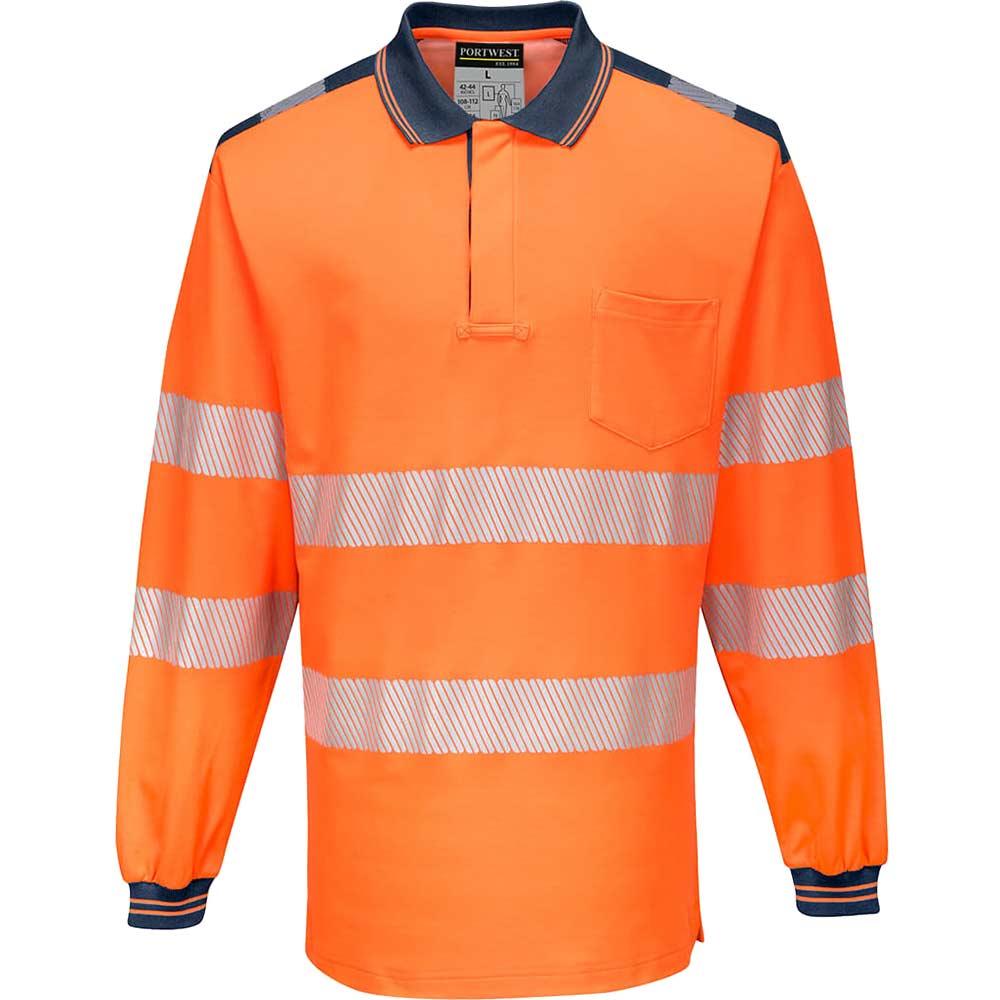 Portwest PW3 Hi Vis Cotton Comfort Polo Long Sleeve Shirt Orange / Navy M