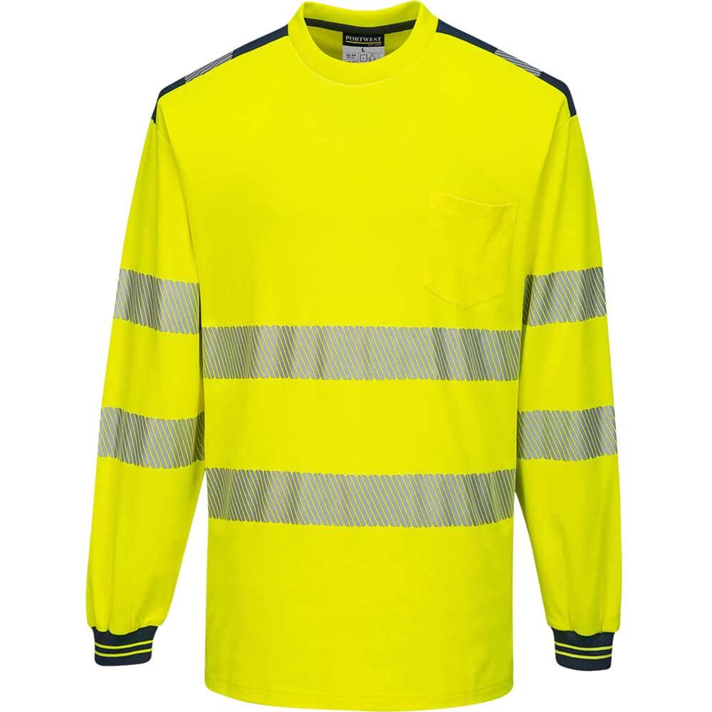 Portwest PW3 Hi Vis Cotton Comfort Long Sleeve T Shirt Yellow / Navy XL