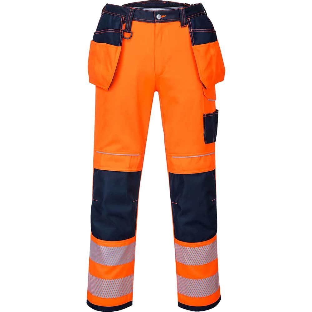 Portwest PW3 Hi Vis Holster Pocket Work Trousers Orange / Navy 42" 29"