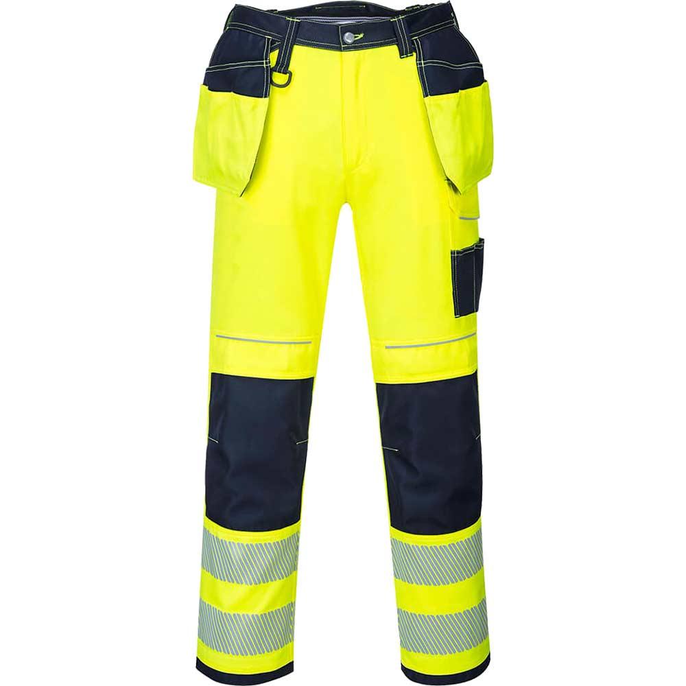 Portwest PW3 Hi Vis Holster Pocket Work Trousers Yellow / Navy 30" 31"