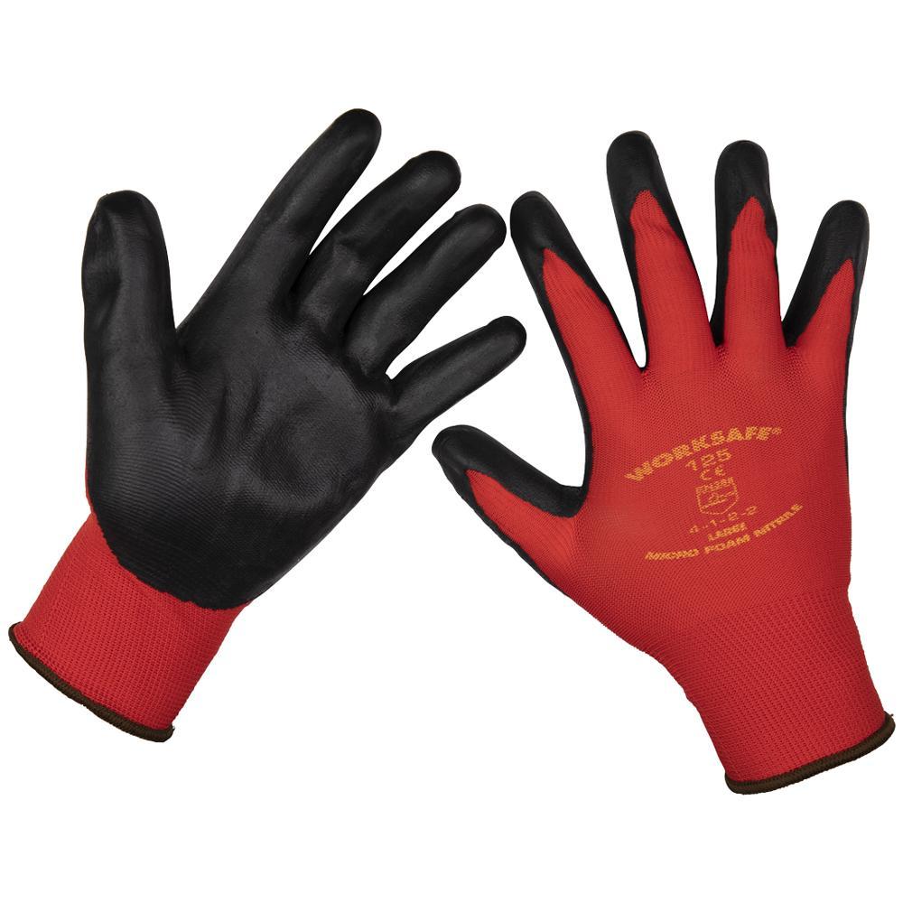Sealey Worksafe Flexi Grip Nitrile Foam Palm Gloves Red / Black L Pack of 12