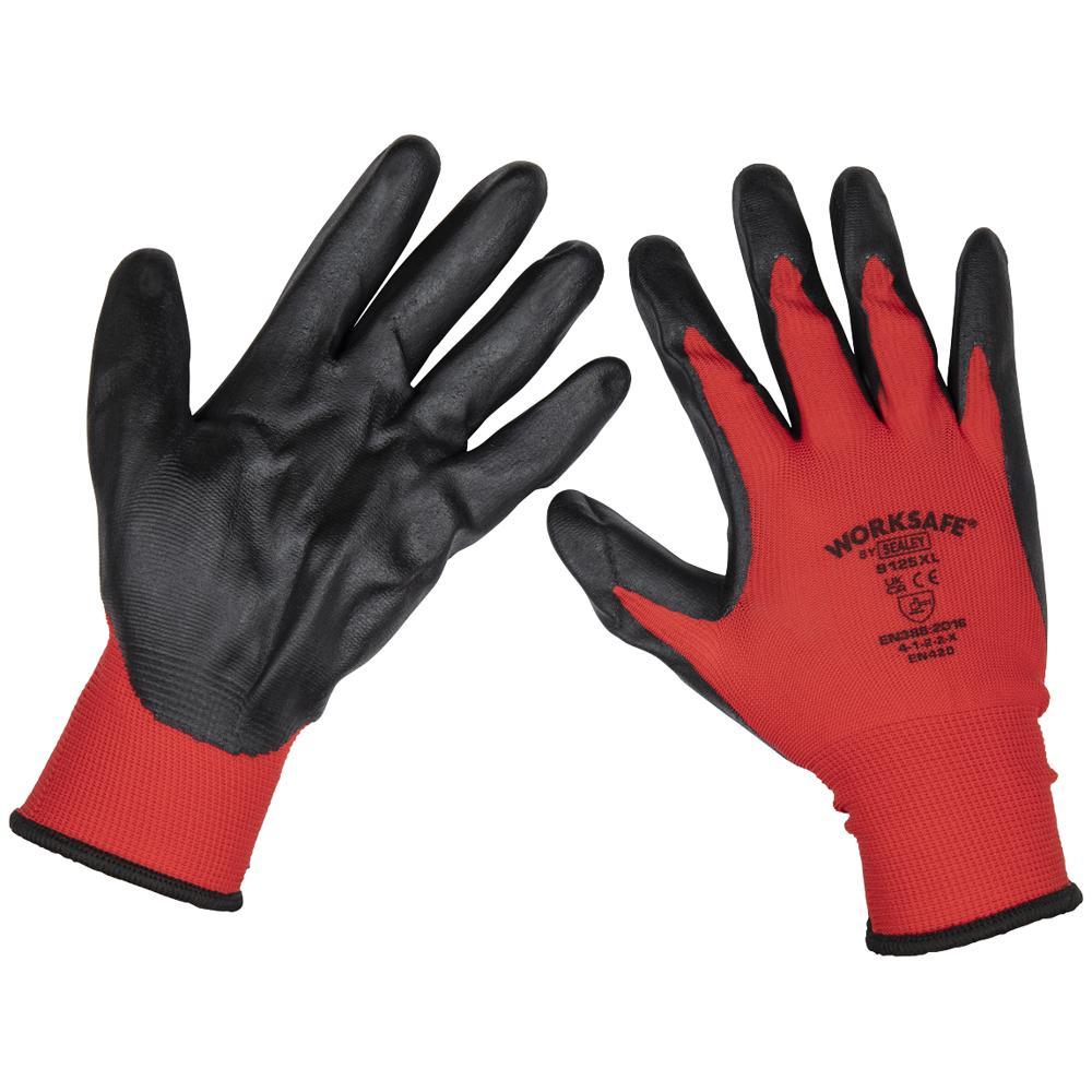Sealey Worksafe Flexi Grip Nitrile Foam Palm Gloves Red / Black XL Pack of 6