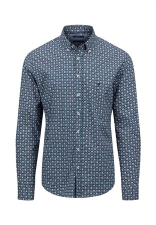 Fynch Hatton Seasonal Blue Print Button Down Shirt - Teal - M