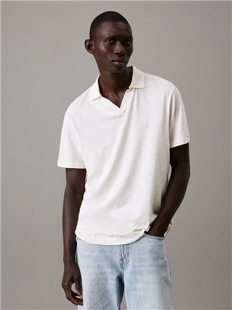Calvin Klein Linen Cotton Cuban Collar Polo Shirt - White - M