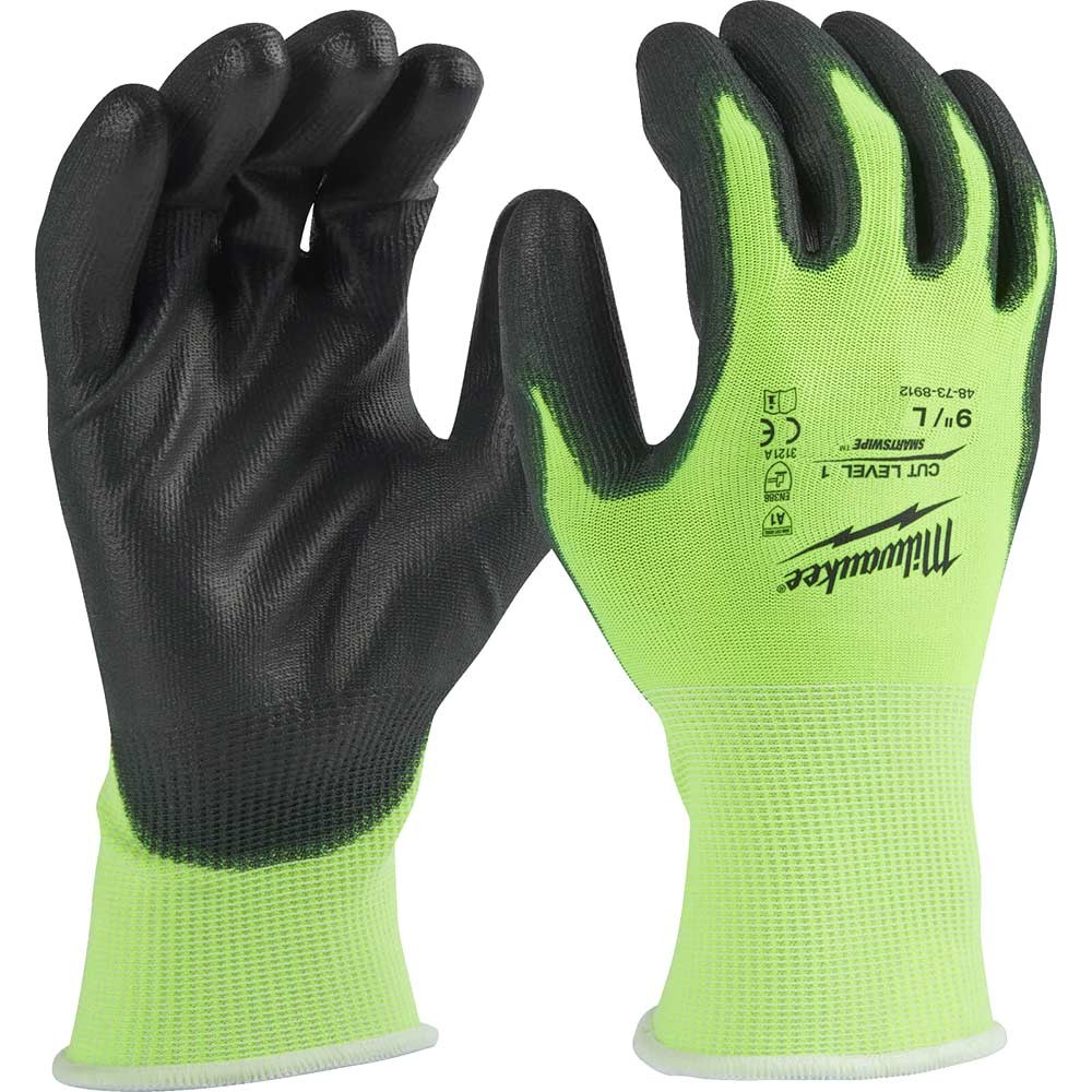 Milwaukee Hi Vis Cut Level 1 Dipped Work Gloves Black / Yellow L Pack of 1