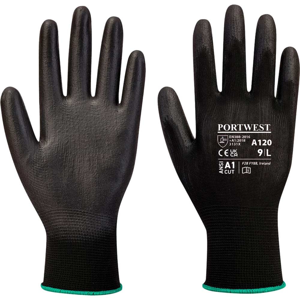 Portwest PU Palm General Handling Grip Gloves Black S
