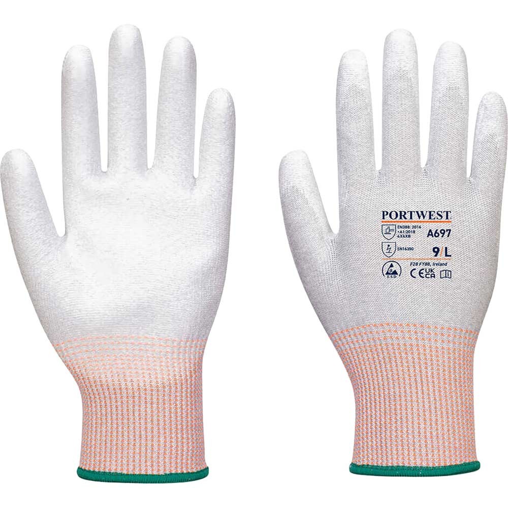Portwest LR13PU Palm Dipped ESD Gloves Grey / White XS Pack of 12