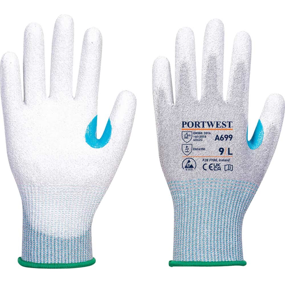 Portwest MR13 PU Palm Cut Resistant ESD Gloves Grey / White XL Pack of 12
