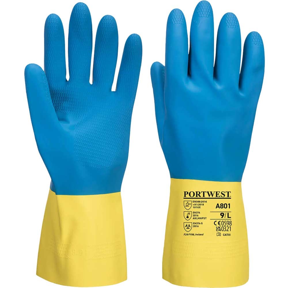 Portwest Double Dipped Latex Gauntlets Yellow / Blue S Pack of 1