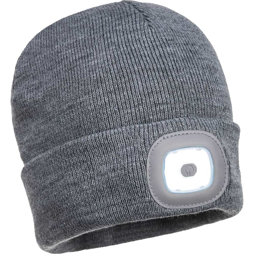 Portwest Beanie Hat and USB Rechargeable LED Head Light Grey One Size