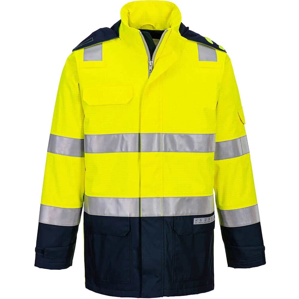 Bizflame Rain Hi Vis Waterproof Light Arc Jacket Yellow / Navy 2XL