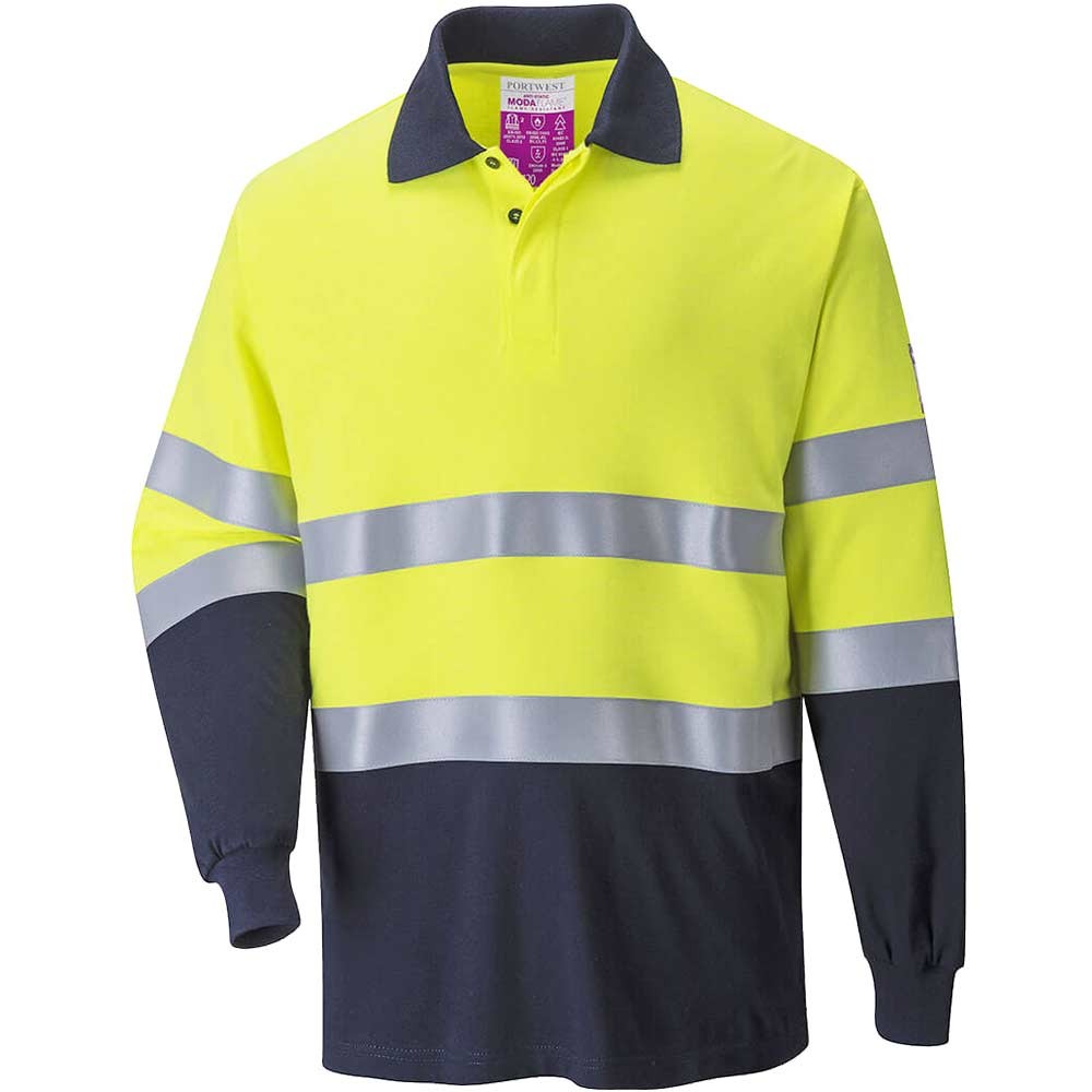 Modaflame Mens Flame Resistant Hi Vis 2-Tone Polo Shirt Yellow / Navy S