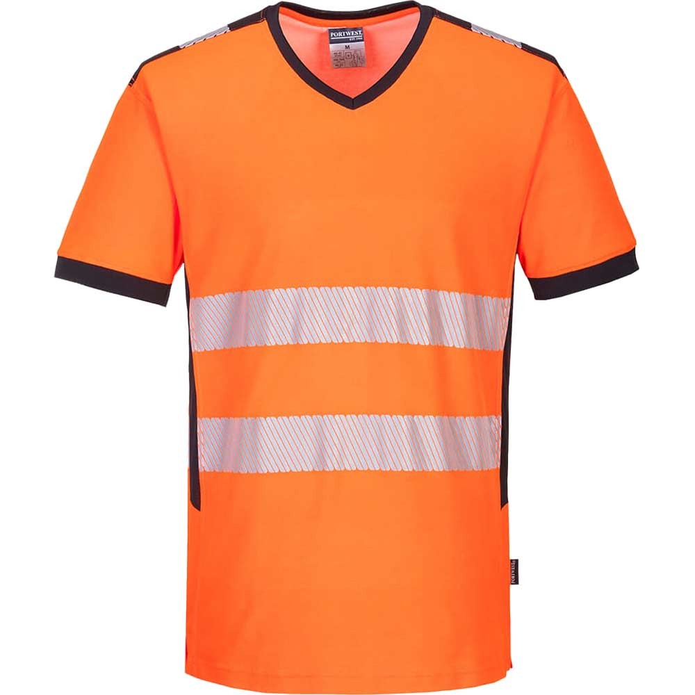 Portwest PW3 Hi Vis V Neck Mesh Insert Short Sleeve T Shirt Orange / Black M