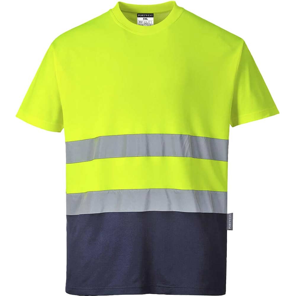 Portwest Hi Vis Cotton Comfort Contrast Short Sleeve T Shirt Yellow / Navy 4XL