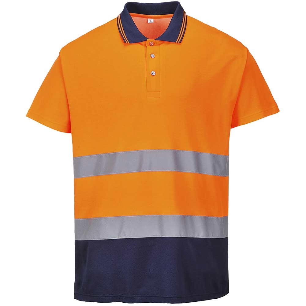 Portwest Mens Hi Vis Cotton Comfort Polo Short Sleeve Shirt Orange / Navy 3XL