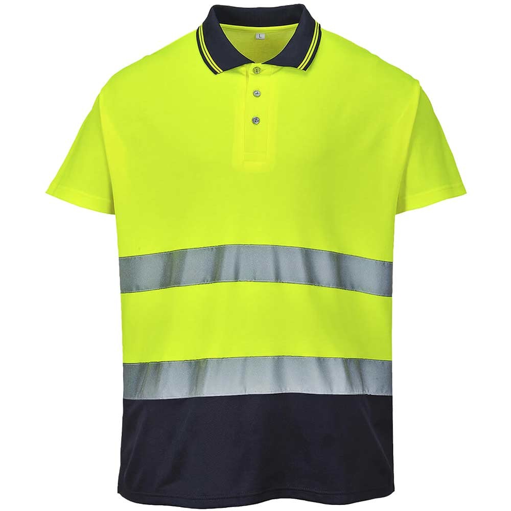 Portwest Mens Hi Vis Cotton Comfort Polo Short Sleeve Shirt Yellow / Navy L