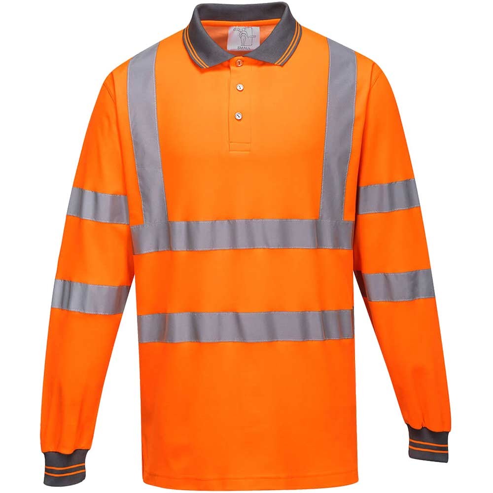 Portwest Hi Vis Cotton Comfort Polo Long Sleeve Shirt Orange L