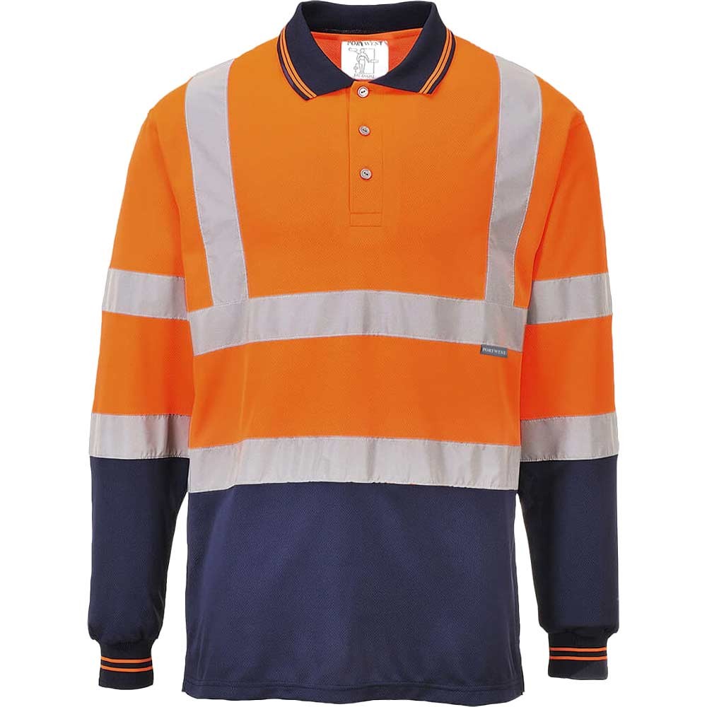 Portwest Mens Hi Vis Contrast Polo Long Sleeve Shirt Orange / Navy 4XL