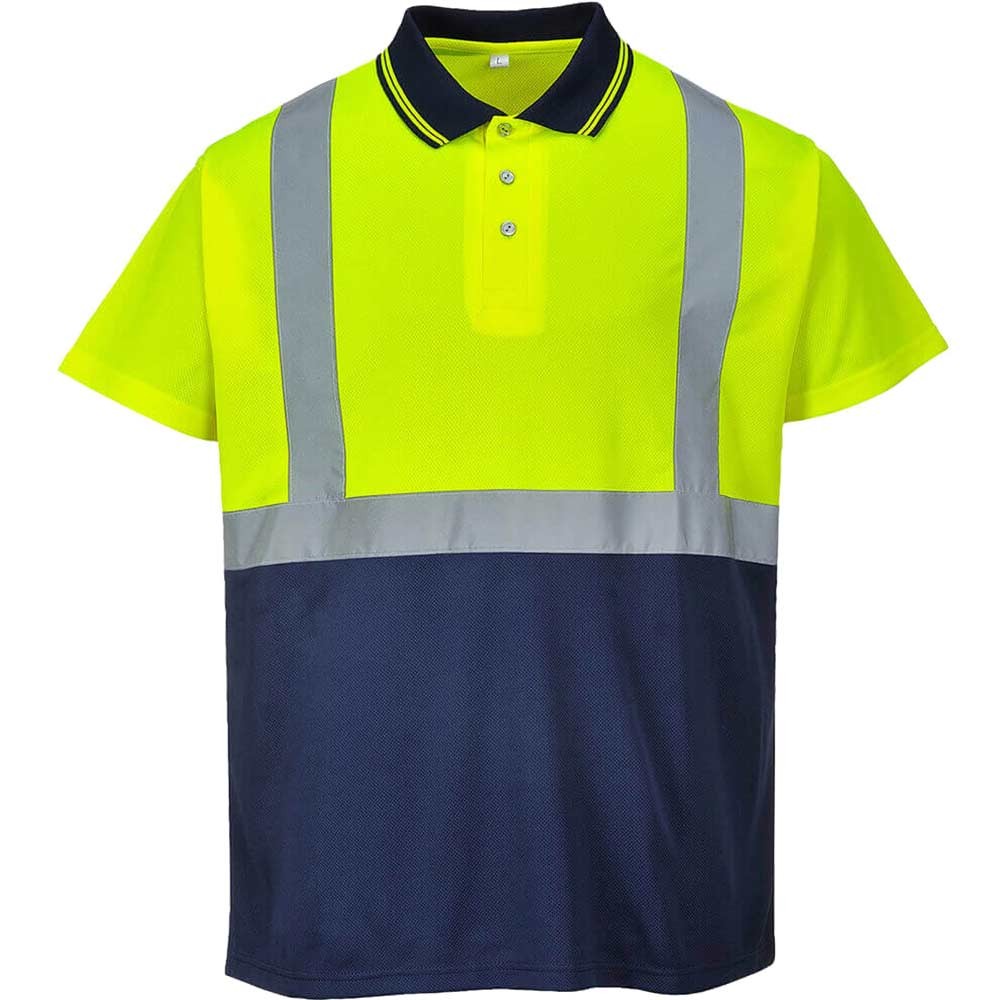 Portwest Mens Hi Vis Contrast Polo Short Sleeve Shirt Yellow / Navy L