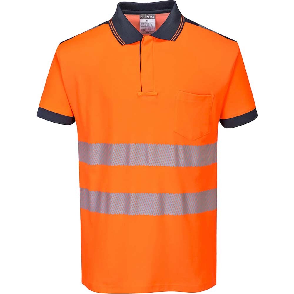 Portwest PW3 Hi Vis Cotton Comfort Polo Short Sleeve Shirt Orange / Navy 3XL
