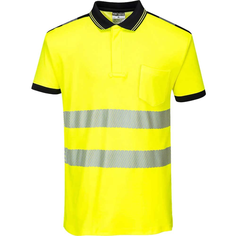 Portwest PW3 Hi Vis Cotton Comfort Polo Short Sleeve Shirt Yellow / Black S