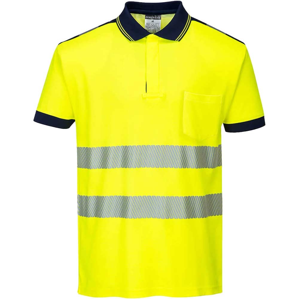 Portwest PW3 Hi Vis Cotton Comfort Polo Short Sleeve Shirt Yellow / Navy 3XL