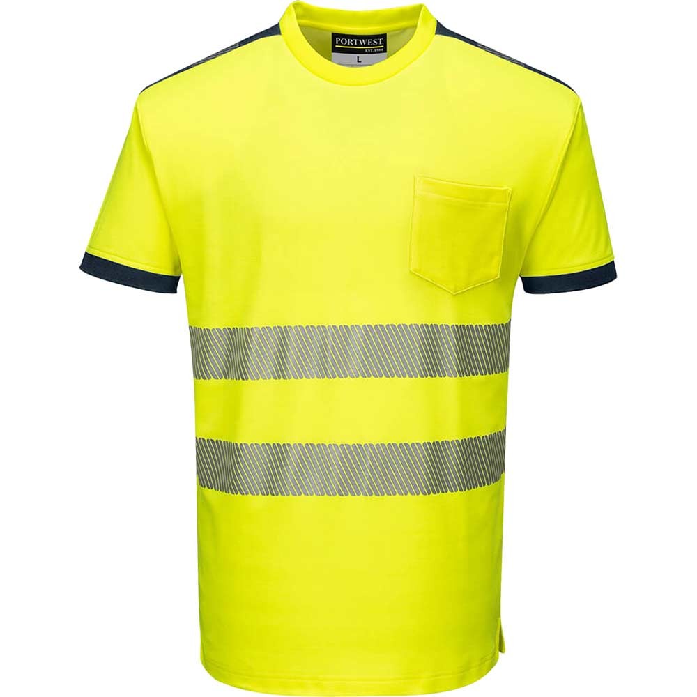 Portwest PW3 Hi Vis Cotton Comfort Short Sleeve T Shirt Yellow / Navy L