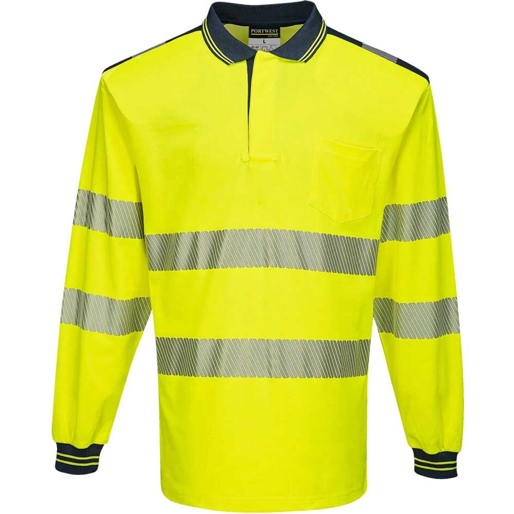 Portwest PW3 Hi Vis Cotton Comfort Polo Long Sleeve Shirt Yellow / Navy 3XL