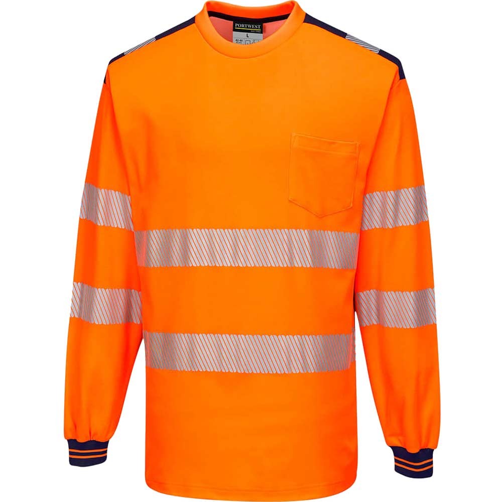 Portwest PW3 Hi Vis Cotton Comfort Long Sleeve T Shirt Orange / Navy 4XL