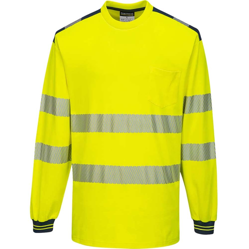 Portwest PW3 Hi Vis Cotton Comfort Long Sleeve T Shirt Yellow / Navy XL