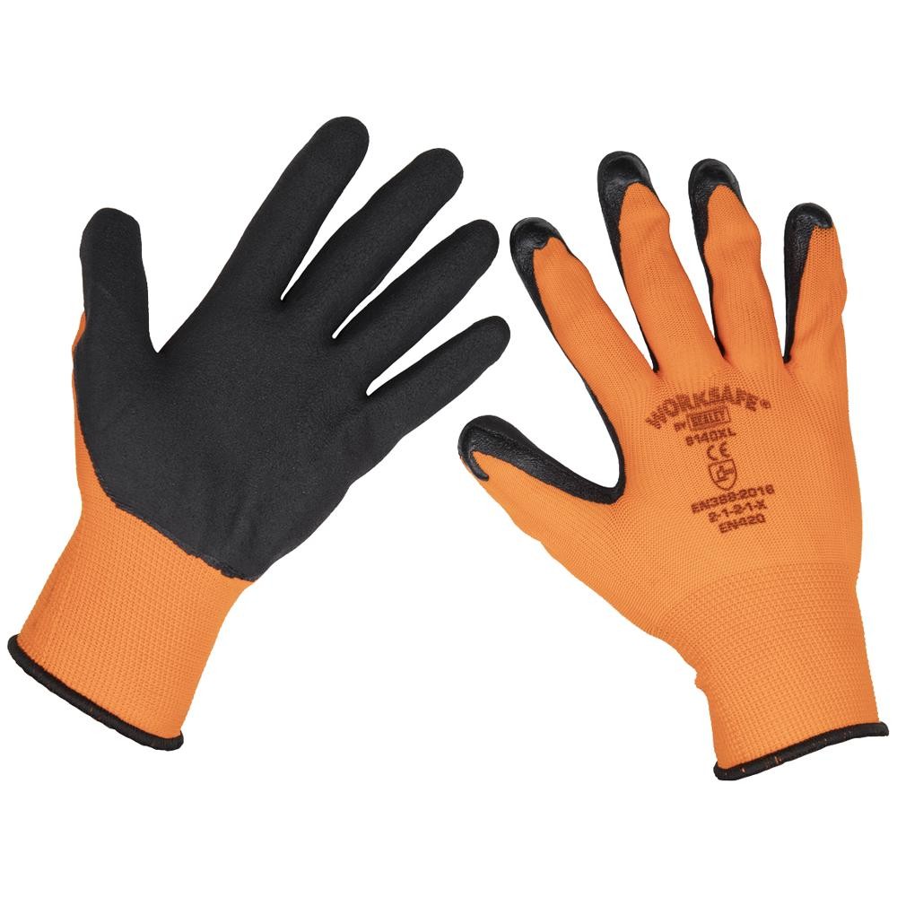 Sealey Worksafe Foam Latex Grip Gloves Black / Orange XL Pack of 12