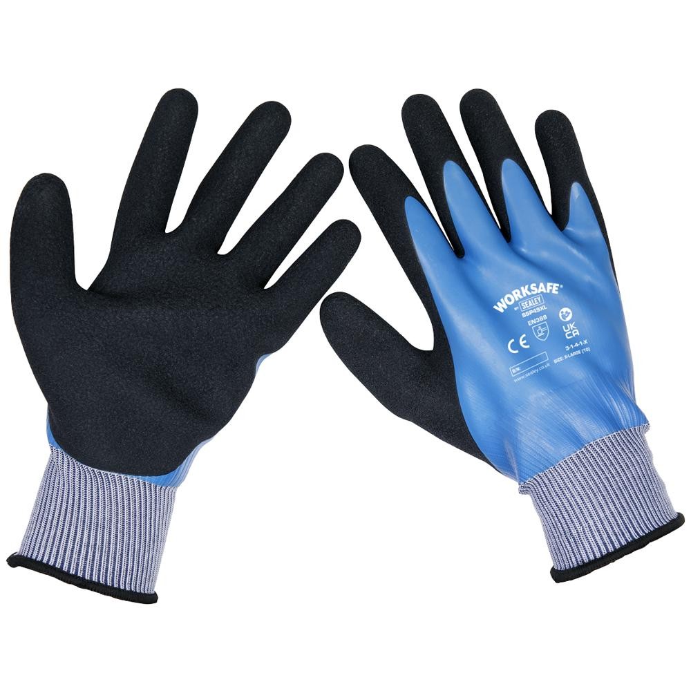 Sealey Worksafe Waterproof Latex Gloves Black / Blue XL Pack of 1