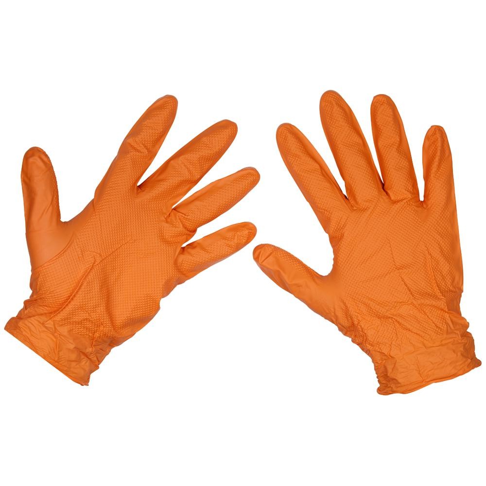 Sealey Diamond Grip Extra Thick Nitrile Powder Free Gloves Orange L Pack of 50