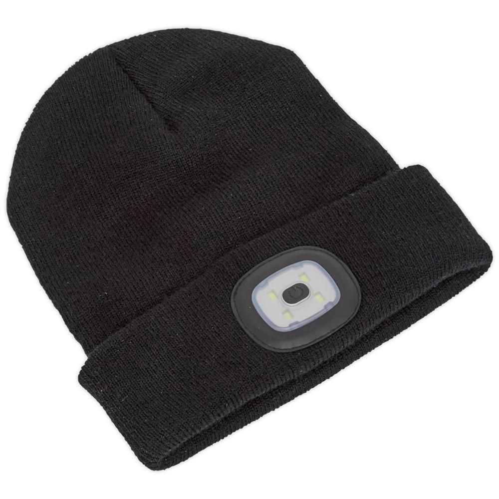Sealey SMD LED USB Rechargeable Beanie Hat Black